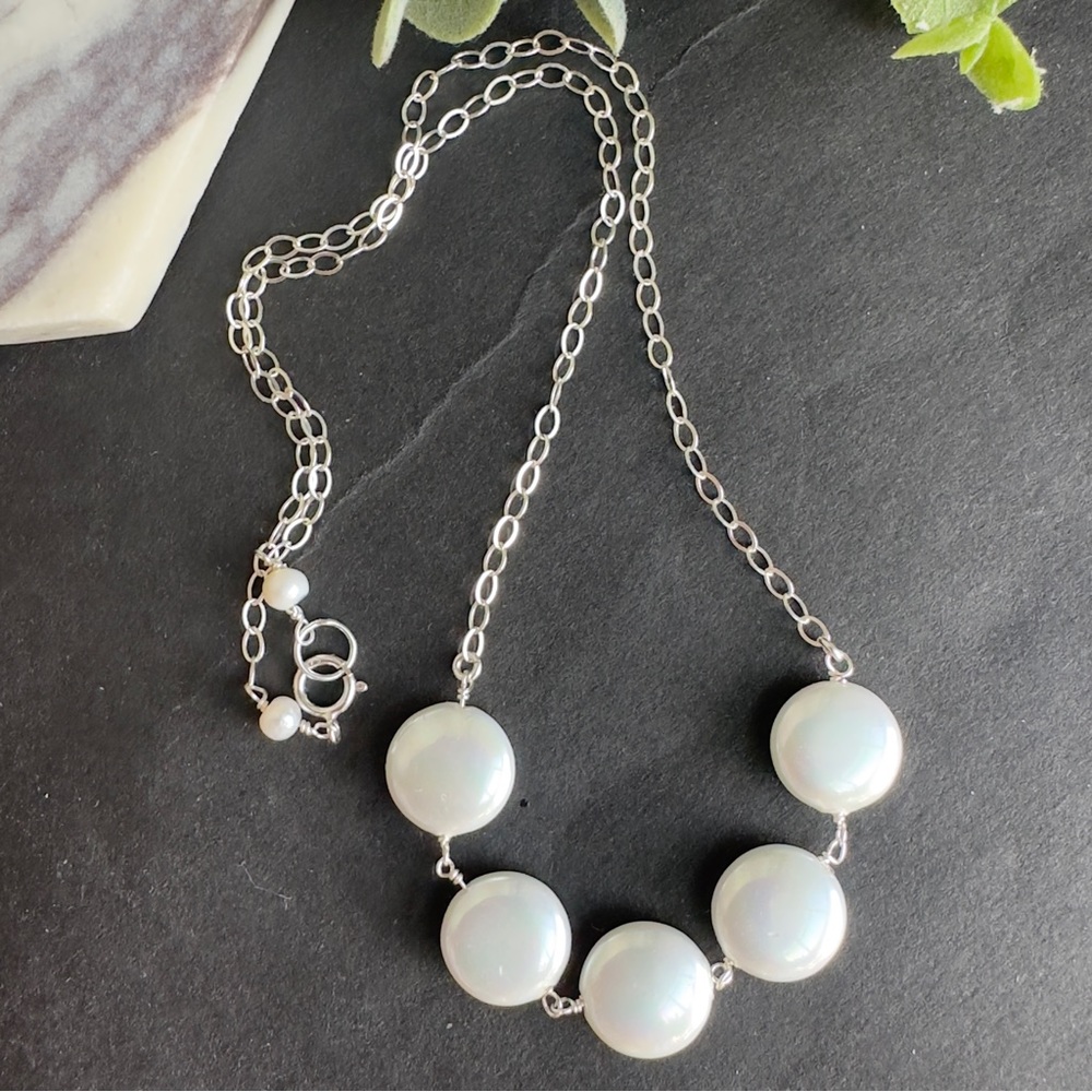 White Pearl Necklace Sterling Silver coin pearl